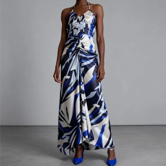 White House Black Market Satin Halter Maxi Dress in Bay Palms Ecru / Blue size 4 - Picture 1 of 7